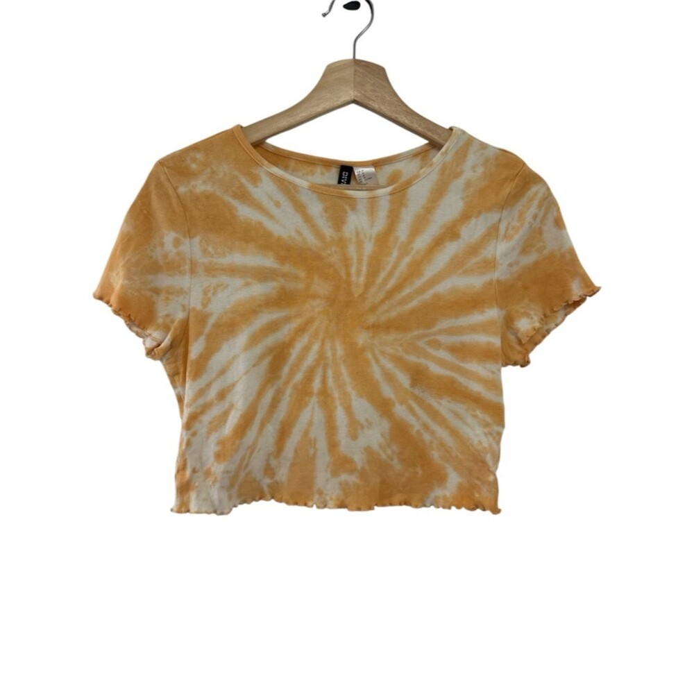H&M Divided Orange White Tie Dye Crop Top Medium Cotton Lettuce Hem Festival